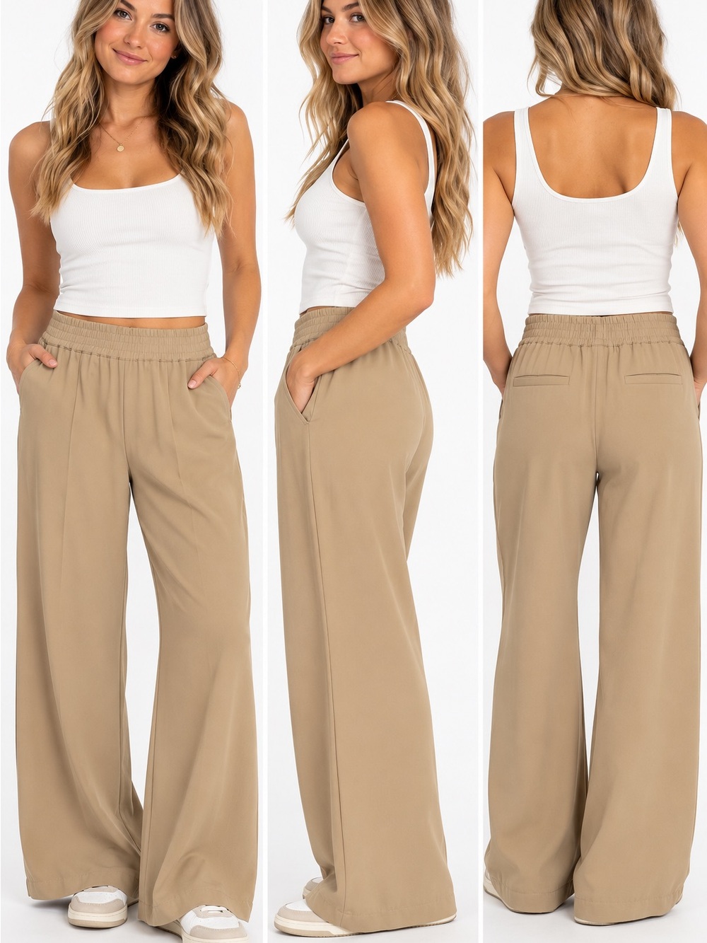 Wayf Khaki Wide-Leg Elastic Waist Pants